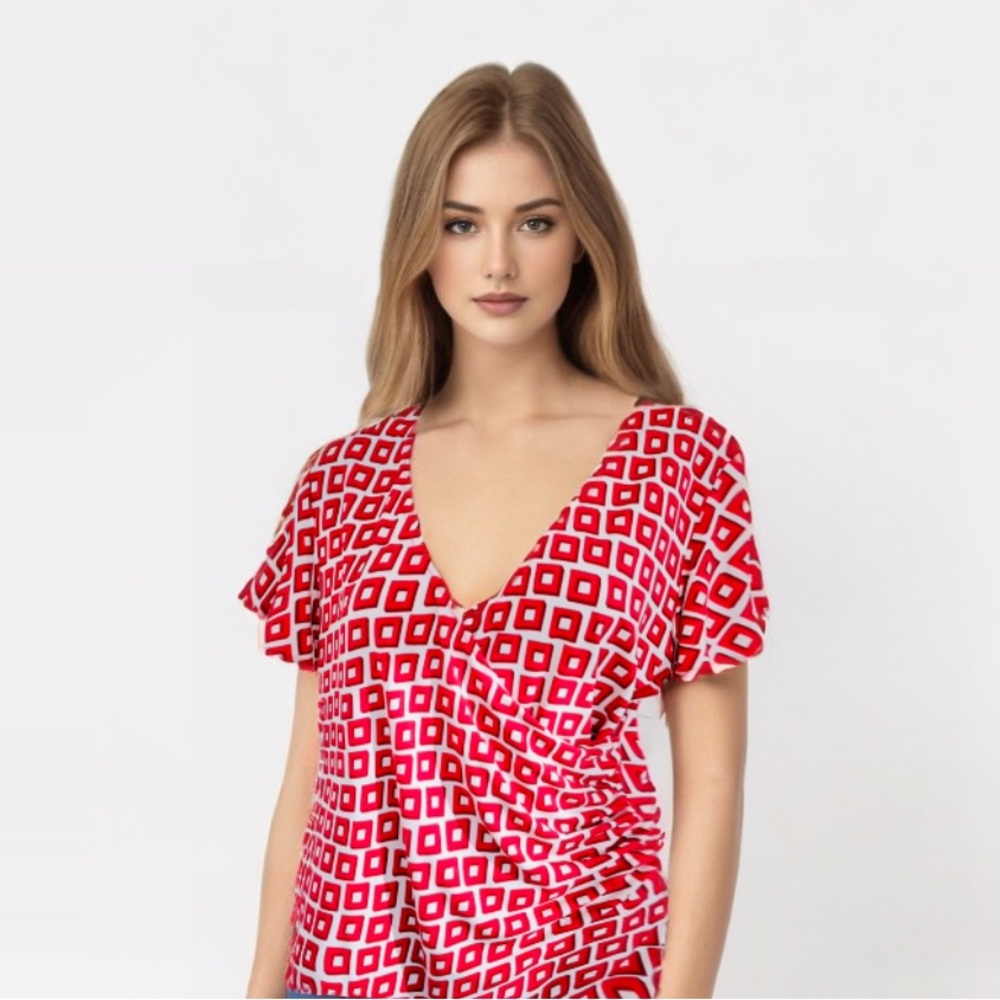 Rafaella Stretch Blouse Red White Print Top L